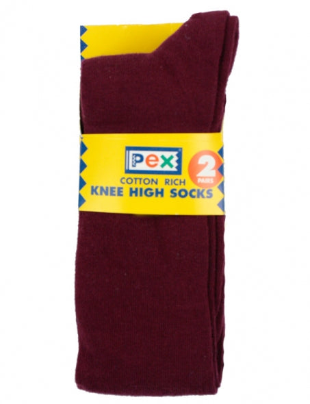 PEX Knee High Cotton Rich Socks - Maroon (2 Pairs)